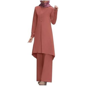 UPPJPBSW Muslim Vrouwen Plus Size Linnen Lounge Set - 2-Delige Outfit Losse Lange Mouw Tuniek Shirt met Gespleten Zoom Wijde Broek,Oranje,3XL