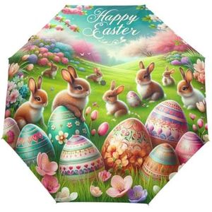 GAIREG Happy Easter Eggs Konijntjes Lente Bloesems Winddicht Compact Auto Open Close Opvouwbare Paraplu voor Vrouwen Mannen
