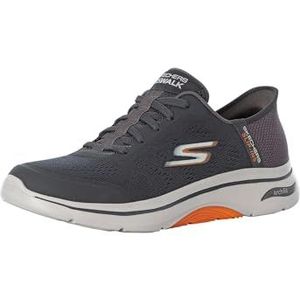 Skechers Heren Handsfree Slip-ins GO Walk Arch FIT 2.0 Simplicity 2 Sneaker, Houtskool en Oranje Textiel/Synthetisch, 10.5 UK, Houtskool en Oranje Textiel Synthetisch, 45.5 EU