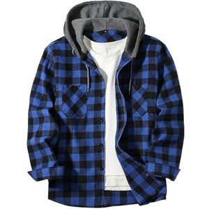 MASUCOR Heren Geruite Hoodie Overhemdjas Casual Button Down Lange Mouw Lichtgewicht Regular Fit Capuchon Jassen voor Heren Basic Overhemdjas met Zakken Cargo-shirt(Blue,M)