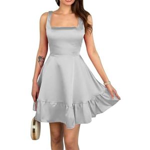 Dames spaghettiband satijnen thuiskomst jurken korte A-lijn prom party jurken voor tieners, Zilver, 34