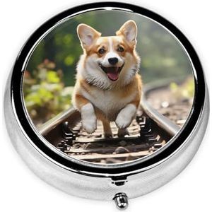 Pillendoosje met spiegel, retro pillendoosje met 3 compartimenten, Corgi hond die op de spoorweg loopt, kleine pillenorganizer voor portemonnee of zak, decoratieve metalen medicijnen