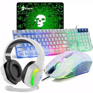 UK Layout 4-in-1 gamingtoetsenbord en muissets Rainbow USB-gamingtoetsenbord met achtergrondverlichting + 2400 DPI 6 knoppen Optische regenboog LED USB-gamingmuis + gamingheadset + muismatten