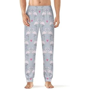 Trendy roze flamingo's, harten en stippen heren pyjama broek met zakken nachtkleding print zachte lounge broek