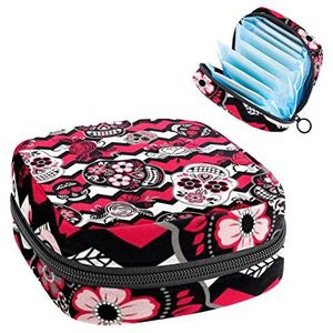 Red Skull Bone,Periode Pouch Draagbaar,Tampon Opbergtas,Tampon Houder voor Portemonnee Vrouwelijke Product Organizer, Meerkleurig, 4.7x6.6x6.6 in/12x17x17 cm