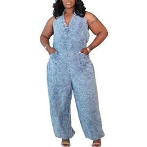LoprNsdgt Dames Zomer Jumpsuits V-Hals Vetersluiting Loose Fit Casual Backless Jeans Jumpsuit,Blauw,L
