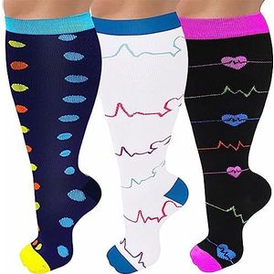 3 paar compressiekousen in grote maten (20-30 mmHg) voor vrouwen en mannen, brede kuiten extra grote kniekousen, Meerkleurig 1, 4XL (Grote Maten)