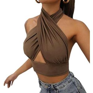 CABULE Mode Hollow Out Halter Vrouwen Crop Top Sexy Mouwloze Rugloze Tank Top Clubwear Streetwear Zomer Lady Camis Tops-Kastanjebruin, S