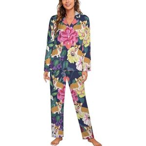 Corgi En Hart Vrouwen Lange Mouw Button Down Nachtkleding Zachte Nachtkleding Lounge Pyjama Set M