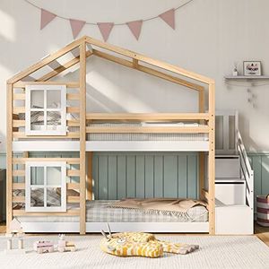 Idemon Kinderbed, boomhut met lade en valbescherming, 90 x 200 cm, hoogslaper voor kinderen, 2 x lattenbodem, natuur en wit (96 x 256 x 192 cm)