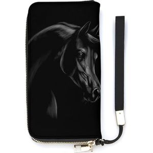 Zwarte Arabische Paard Vrouwen PU Lederen Portemonnee Mode Clutch Lange Kaarthouder Portemonnee Handtas met Polsband