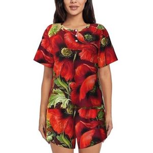 RIVETECH Mooie pyjama met rode klaproos en bloemenprint voor dames met korte mouwen - comfortabele korte sets, nachtkleding met zakken, Zwart, XL