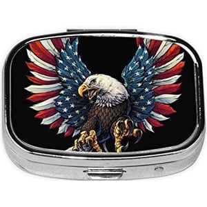 Mini vierkante pillendoos, medicijnorganizer, Amerikaanse adelaarsvlag, draagbare EHBO-doos, reispillendoos met 2 vakken, kleine pillendoos voor zak of portemonnee