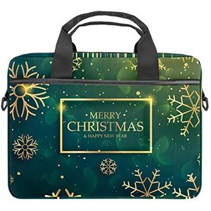 Gouden Kerst Sneeuwvlokken Groene Achtergrond Laptop Schouder Messenger Bag Crossbody Aktetas Messenger Sleeve voor 13 13.3 14.5 Inch Laptop Tablet Beschermen Tote Bag Case, Meerkleurig, 11x14.5x1.2in /28x36.8x3 cm