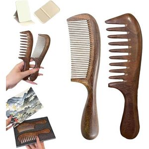 Qiyuting Walnoothouten haarkam, brede tand en fijne tand, antistatisch, natuurlijk, uniseks, volwassenen, 1 set
