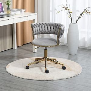 Moimhear Zachte fluwelen bureaustoel, draaibaar 360°, verstelbare hoogte met één klik, uitgehold rugdesign, woonkamerstoel met roestvrijstalen basis en 5 wielen, grijs