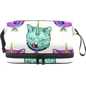 Grote capaciteit reizen cosmetische tas, kwaadaardige kat eenhoorn patroon, make-up tas, waterdichte make-up tas organisator, Meerkleurig, 27x15x14 cm/10.6x5.9x5.5 in