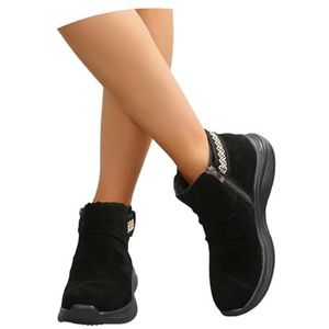 Dames Suède Enkellaarsjes for Winter Retro Korte Laarzen Met Etnische Print Platte Antislip Ankle Boots Laarsjes Met Rits In Grote Maten Enkelschoenen for Buiten, Kantoor(Black,43 EU)