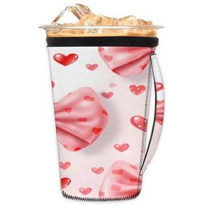 Valentijnsdag hart boog roze (04) herbruikbare ijskoffie mouw met handvat neopreen beker mouw voor frisdrank, latte, thee, dranken, bier (Large 305-32 oz)