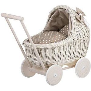 e-wicker24 Poppenwagen van wilgentenen met beddengoed perfecte cadeau-idee Wilgenpoppenwagen mooi Speelgoed van vlechtwerk Mandwagen voor poppen Speelgoed voor meisjes (Beige)