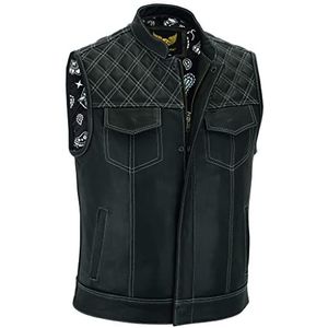 Leatherick Groove Club Leren bikervest voor heren, traditionele voering van paisley satijn, Borduurwerk met witte ruiten, 46