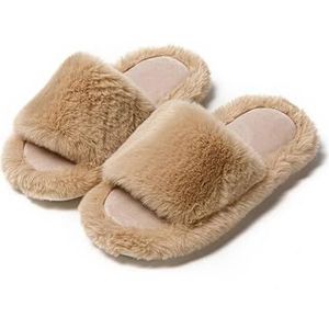 XHYDDLKJ Open teen slippers voor meisjes warme slaapkamer winter vrouwen slipper zachte hak platform warme open teen pluizige huisslippers, Bruin 2, 36/37 EU