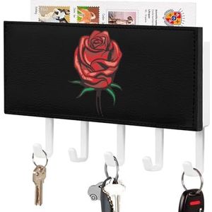 Rode Rose Bloemen 5 Haken Lederen Muur Mount Sleutelhouder Rack Mail Organizer Plank Voor Home Office Decor