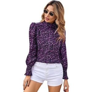 dames topjes Ditsy blouse met opstaande kraag en pofmouwen met bloemenprint (Color : Violet Purple, Size : XL)