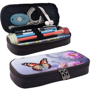 KLLTYHMU Lederen Etui Organizer Grote Capaciteit Potlood Pouch Opbergtas Met Compartimenten Leuke Potlood Tas Franse Bulldog Roze Bril Pen Doos Draagbare Cosmetische Make-up Tas Organizer, Bloemen en