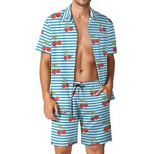 Kersenpatroon met blauwe strepen mannen Hawaiiaanse bijpassende set 2-delige outfits button down shirts en shorts voor strandvakantie