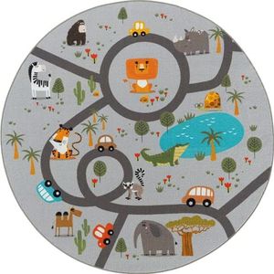 The Carpet Happy Life Speelkleed, tapijt voor kinderkamer, wasbaar, verkeersmat met straten, jungle, dieren, auto‘s, rond, grijs, 200 x 200 cm