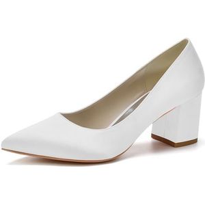 HFWXYSA Dames Chunky Blok Hak Bruids Pompen Puntige Teen Slip op Klassieke Geklede Schoenen voor Bureau Bruiloft Werkavond,Wit,35 EU