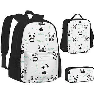 TOMPPY Panda Bamboe Gedrukt Boeken Tas Met Lunch Tas En Etui voor Elementaire, 3 stks Rugzak Sets, Zwart, Eén maat, Schooltas Set