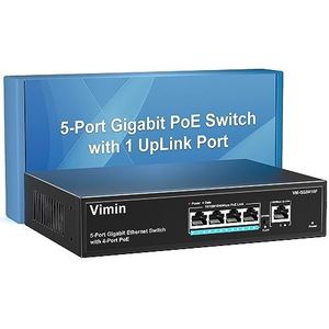 VIMIN 4-poorts Gigabit PoE Switch met 1 Uplink Gigabit poort, 5-poorts onbeheerde Ethernet PoE Switch met 72W vermogen, ondersteuning van IEEE802.3af/at, VLAN, desktop- of wandmontage, plug & play