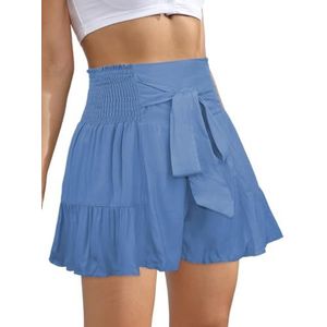 Lewey Modieuze damesshort met striktaille en ruches aan de zoom | Zomer Must-have culottes rok-broek, Blauw, L