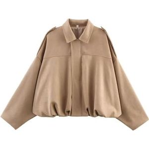 Bomberjack Dames Suède Jas Lange Mouw Revers Pilotenjas Jas Korte Leren Jas Damesjas For Herfst Winter Overgangsjas Y2k Streetwear Damesjassen(Khaki,L)