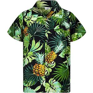 King Kameha JK-Funky Hawaii-hemd voor heren, korte mouwen, voorzak, stijlvol, bloemen, ananasbladeren, Aloha uniseks, Pineapple-bladeren design zwart, XXL