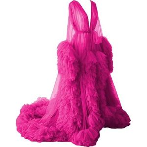 WSEYU Pluizige tule gewaad zwangerschapsjurk voor fotoshoot lange pure bruidsgewaad babyshower jurk plus size, roze (hot pink), 32