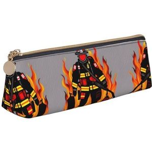 Brandweerman Brandweerman Lederen Etui Grote Capaciteit Potlood Pouch Pencilbag Pouch met Rits Pen Houder, Wit, Eén maat, Make-Up Pouch