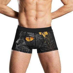 Zwarte Kat Met Gele Ogen & Bloem Heren Ondergoed Ademend Boxer Slips Zachte Stretch Boxers Trunks