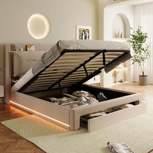 Moimhear Gewatteerd bed, hydraulisch bed, 2-in-1 laden aan het einde van het bed, verzonken kleurveranderende lichtstrips aan beide zijden van het bed, geen matras, fluweel. (Beige, 160 x 200)