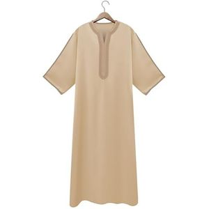 YYUHNGBN Nieuwe effen kleur moslim medium mouw borduurstijl herenbadjas,Dark khaki,L