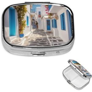 Vierkante Pillendoos Draagbare Metalen Pil Case 2 Compartiment Kleine Reizen Pil Organizer Griekenland Straat Vitamines Houder Organizer voor Portemonnee Pocket