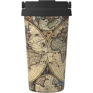 FRGMNT Ancient Map World Globe Print Thermische Koffie Mok,Reizen Geïsoleerde Deksel RVS Tumbler Cup voor Thuiskantoor Outdoor