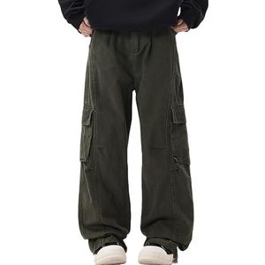 OHERUWKLS Veelzijdige Mode Losse Rechte Pijpen Knoopsluiting Met Meerdere Zakken Voor Heren Cargobroek Met Meerdere Zakken,Groen,L