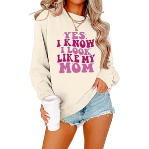 MLZHAN Yes I Know I Look Like My Mom Print Sweatshirts Vrouw Tops Streetwear Mama Lange Mouw Sweatshirt Jas, Beige, M