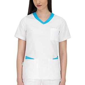B-well Paola Kasack voor dames, wit, V-hals, slip-jas voor dames, medische beroepskleding, wit/blauw, 34