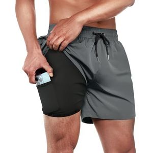 ineepor zwembroek heren compressie zwembroek met binnenbroek boardshort 2 in 1 ritszak korte zwembroek, grijs, XXS