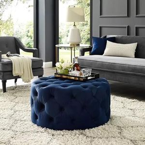 Luxe comfortabele pluche voetsteunkruk, kleine moderne salontafel, rond getuft fluwelen poef, einde van bedbank voor woonkamer Hosting slaapkamer, marineblauw, 60x60x40cm (24x24x16inch)