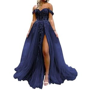 HPPEE Dames off-shoulder galajurken met split kant applicatie glitter tule formele jurk lange baljurk, Donkerblauw, 32